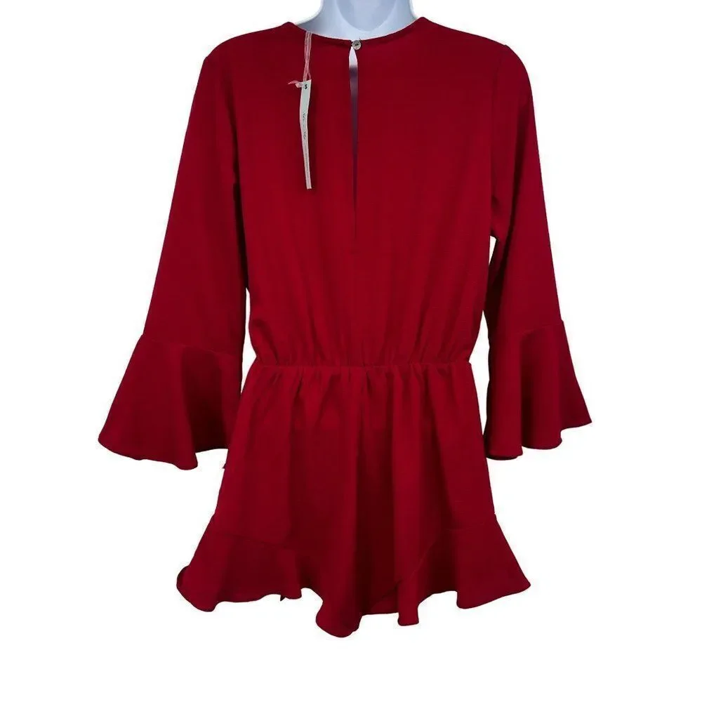 She & Sky Wrap V-Neck Side Tie Red Ruffle Romper Small - Picture 3 of 9